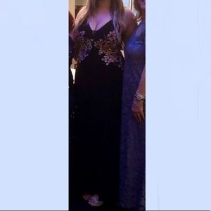 Embroidered Jersey floor length gown w/mesh detail